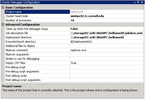 Cluster Debugger Configuration pane